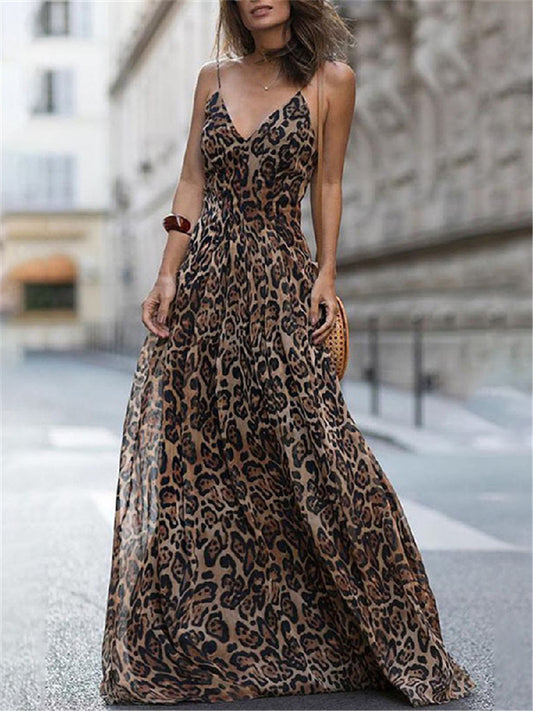 V Neck Leopard Spaghetti Maxi Dress